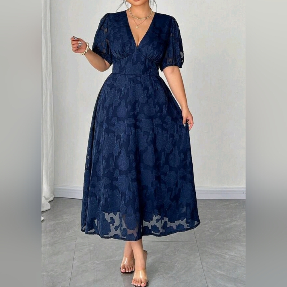 New Chic Sheer Textured Lace Midi Dress PLUS Puffed Sleeve Navy Blue - Picture 6 of 14